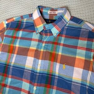 Ralph Lauren Indian Madras Plaid Button Down Shirt Mens Medium LS Blue Orange